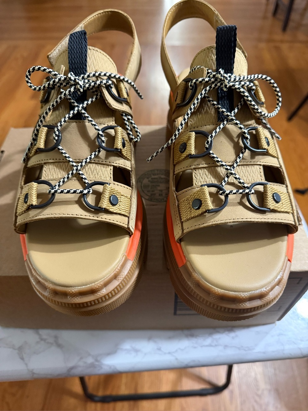 Womens Sorel Tan Sporty Wedge Sandals with Black and Tan Laces & Orange accents
